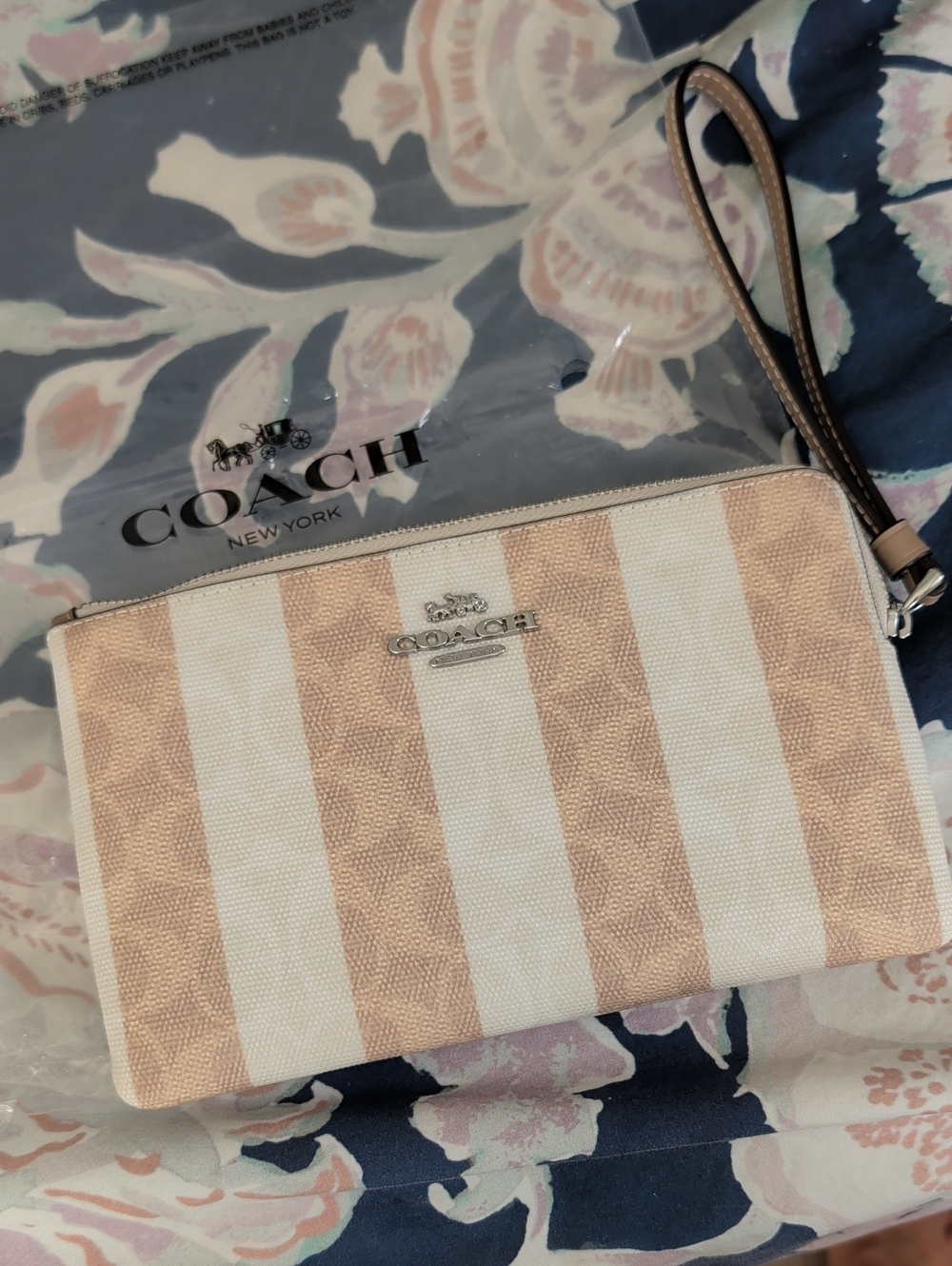 Coach Peach and Cream Striped Wristlet Clutch
